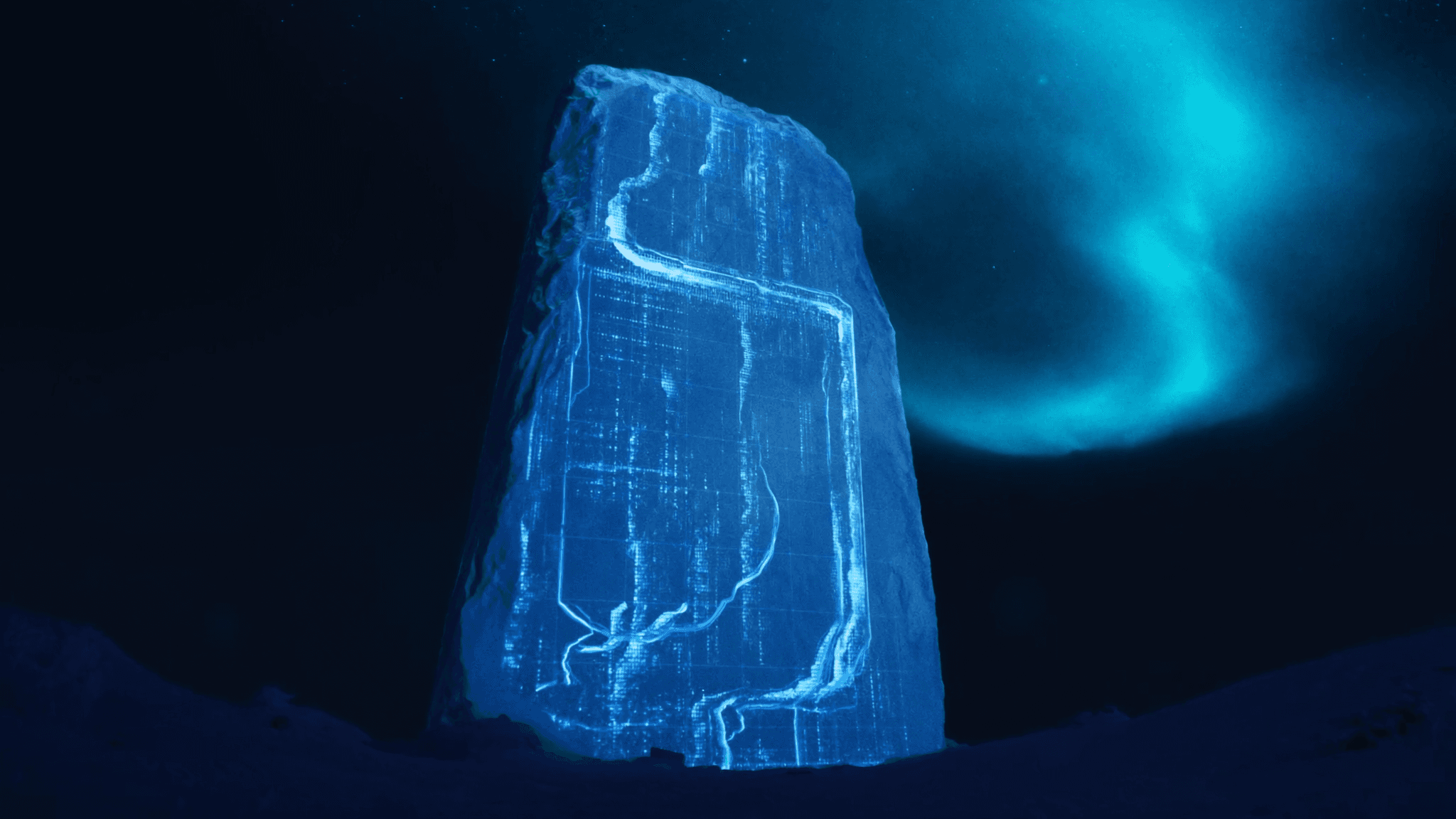 A frosted-glass monolith etched with glowing data, beneath the aurora